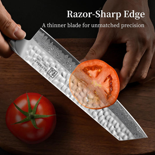 Kiritsuke Chef Knife, 8 Inch Damascus Japanese Kitchen Knife with Ergonomic Pakkawood Handle, Ultra Sharp Non-Slip Cooking Knife with Ash Sheath & Dad Gift Box