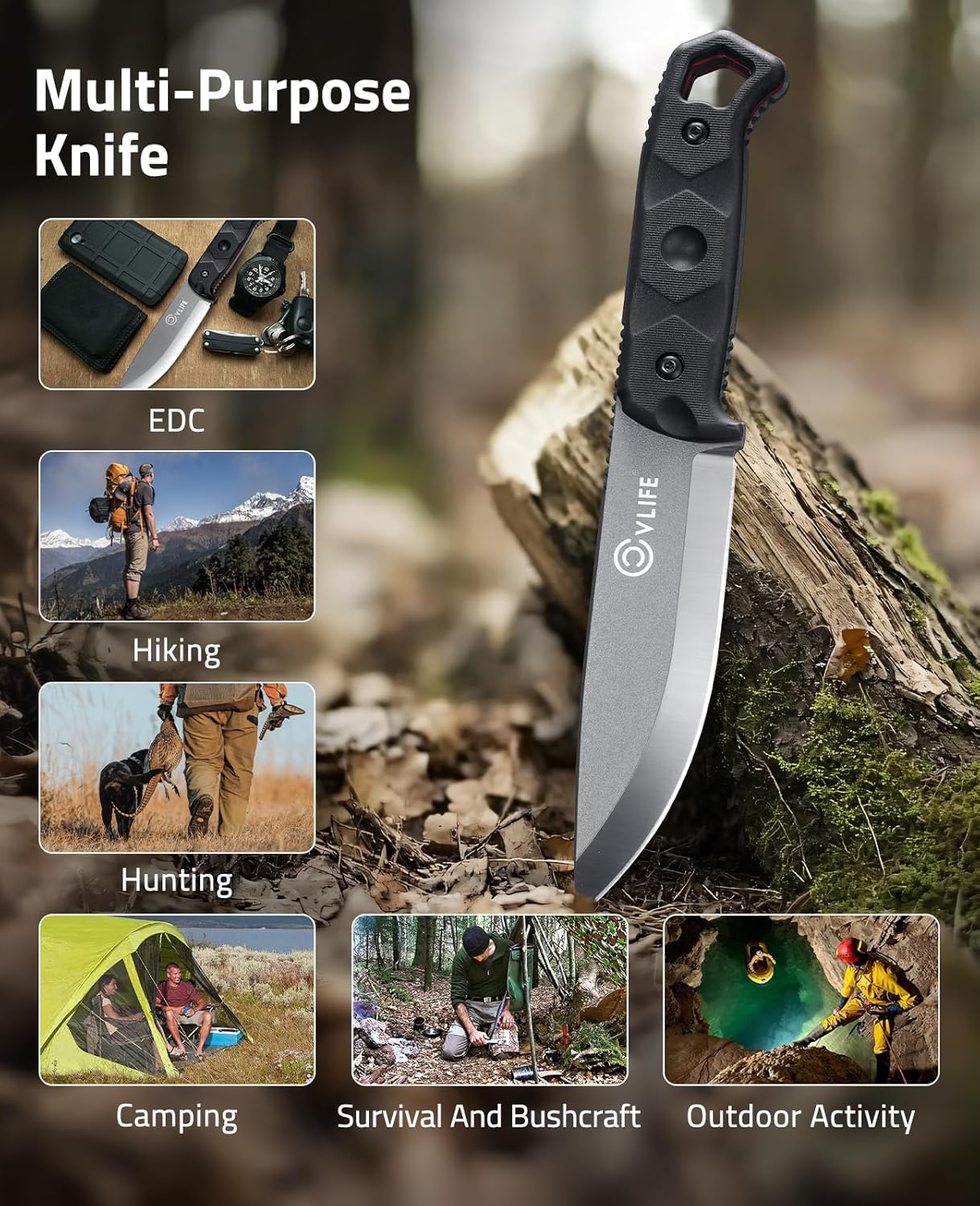 Fixed Blade Knife with Sheath, 5.2" D2 Steel Full Tang Survival Bushcraft Knife, Scandi Grind, 5-Layer Handle with G10 Liners, Heavy Duty Hunting Camping Knives for Men, Green