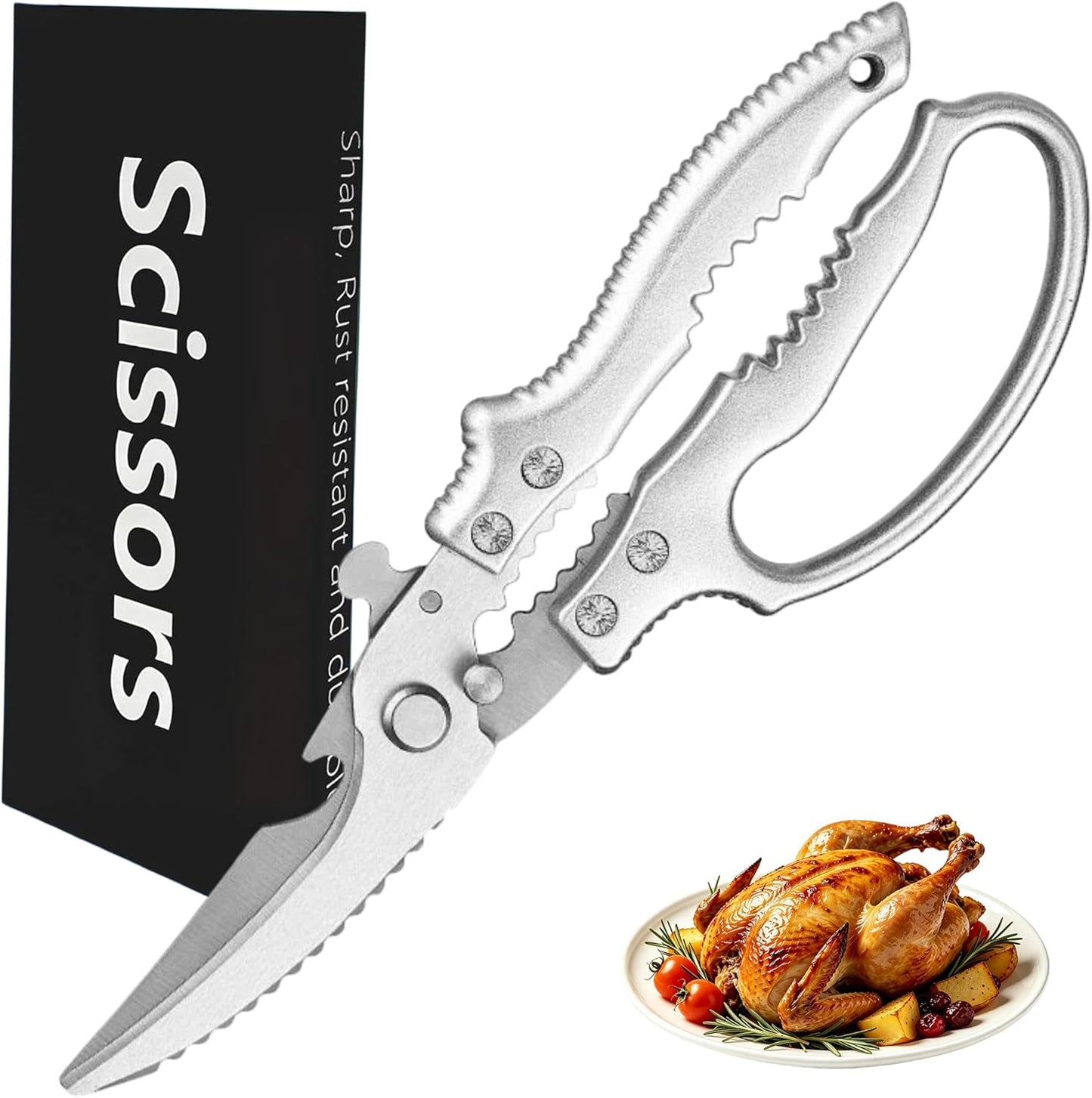 Heavy Duty Poultry Shears, Multi-functional Kitchen Scissors | Sharp, Durable, Multi-Purpose, Spring Loaded, Non-Slip Handles, Safety Lock, Rust Resistant, Dishwasher Safe