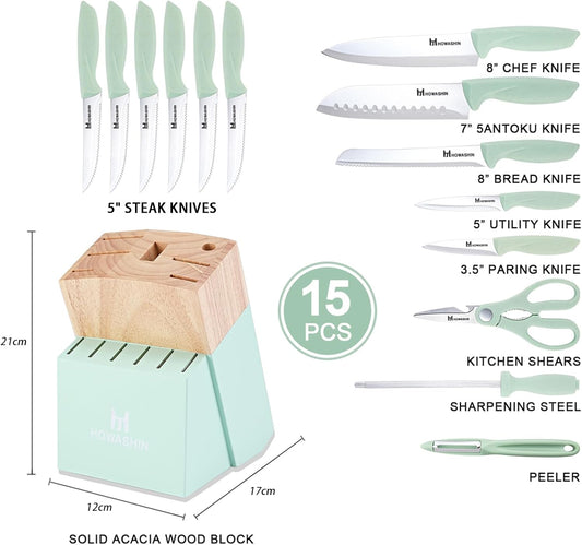 Green Knife Set, 15 Pcs Kitchen Knife Set with Block,High Carbon German Stainless Steel Knife Block Set with Magi-Grip Handle,Hand wash Safe Knives Set