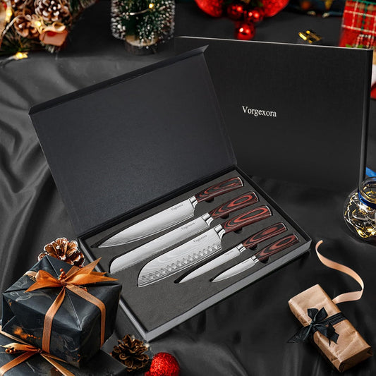 5 Pcs Chefs Kitchen Sharp Knife Set - Japanese Professional Cooking Cutting Knives for Meat Vegetable Bread and Paring, High Carbon Stainless Steel Santoku