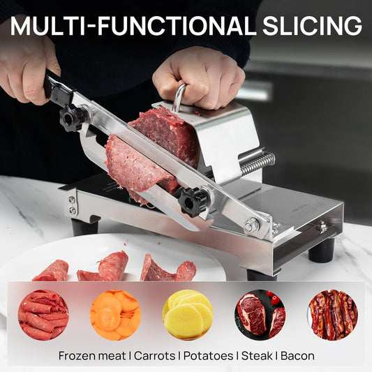 Manual Frozen Meat Slicer, Stainless Steel Meat Cutter for Home Use | Manual Slicing Machine with Adjustable Thickness for Beef, Pork, Lamb, Bacon BBQ,Salad,and Sandwich Slicing Easy to Use