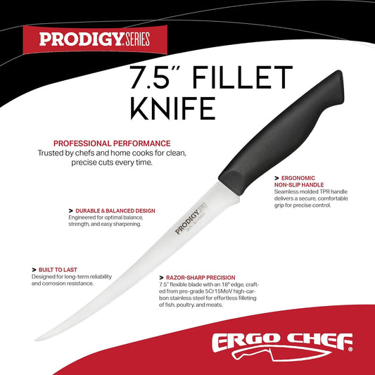 Prodigy Series 7.5-Inch Curved Flexible Fillet Knife – High-Carbon Stainless Steel Blade, Ergonomic Non-Slip Handle for Fish and Meat Filleting & Deboning