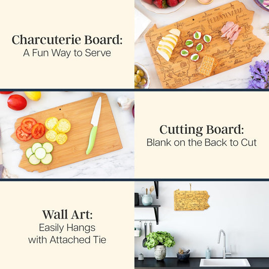 Destination Pennsylvania State Shaped Cutting Board | State charcuterie serving board with engraved map artwork. Smooth reverse side for food prep. Hang tie for wall display.