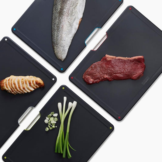 Folio 4-Piece Colour coded Cutting Board Set, Stainless Steel Slimline case for organized Kitchen storage, Rose Gold