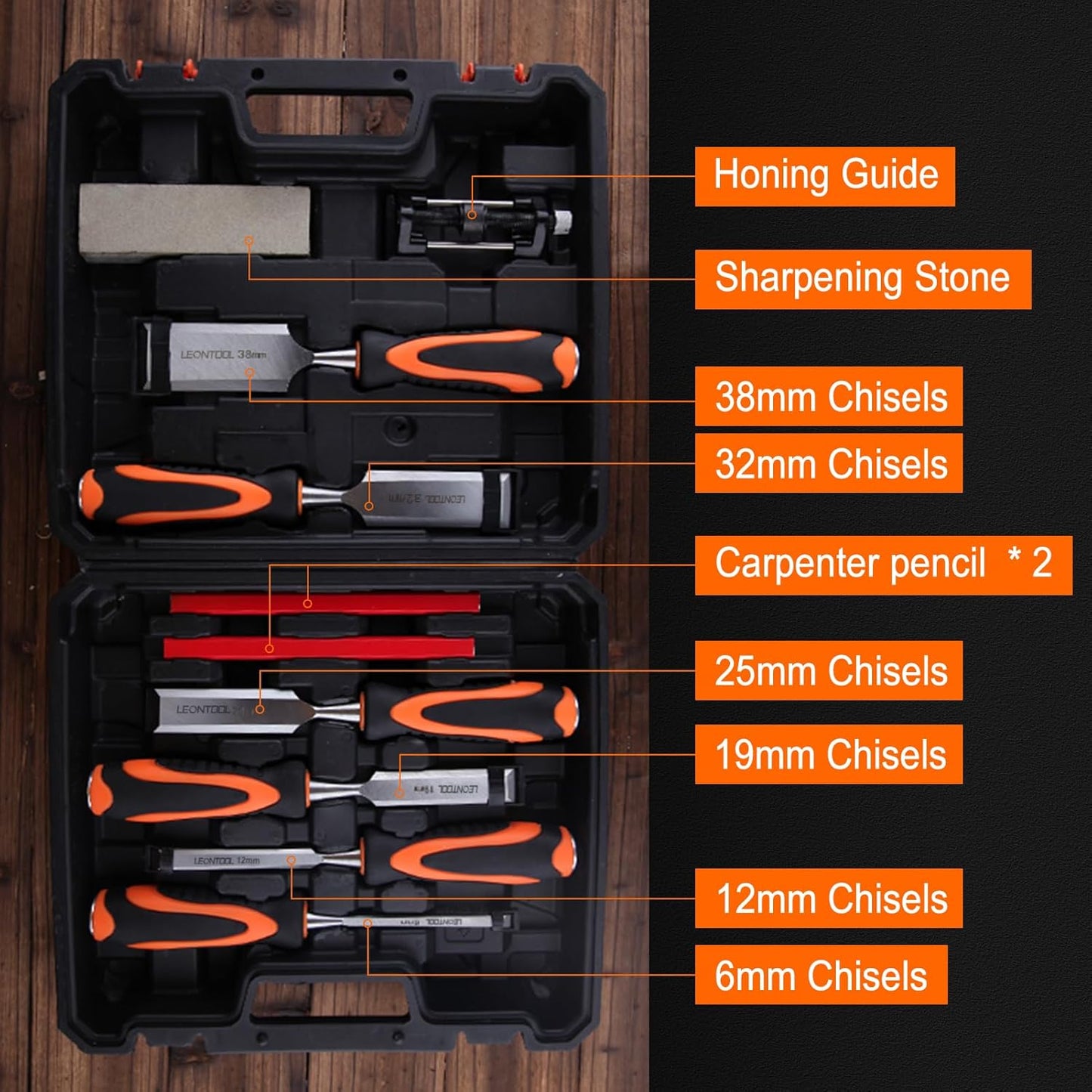 10 Pieces Wood Chisel Set Wood Carving Chisels Set with Storage Case for Woodworking, 6pcs Wood Chisel with 1 Honing Guide, 1 Sharpening Stone and 2 Carpenter Pencils, Wood Working Tools