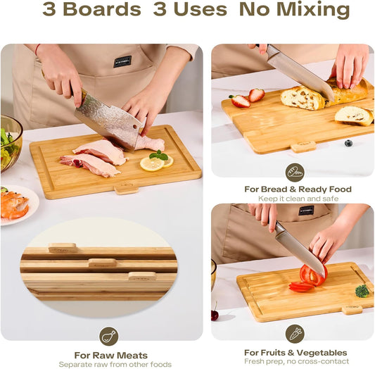 Bamboo Cutting Boards for Kitchen Set of 3, Large 14’’ x 10’’ with Holder, Wooden Cutting Board with Juice Groove & Labels for Meat Vegetables Bread