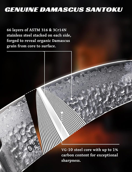 Japanese Santoku Knife 7in,Lab Tested Ultra Long-lasting Sharp | VG-10 Core HRC60-62 Damascus High Carbon Steel,Ergonomic Design and Well Balance,Professional Premium Forged Kitchen Knife