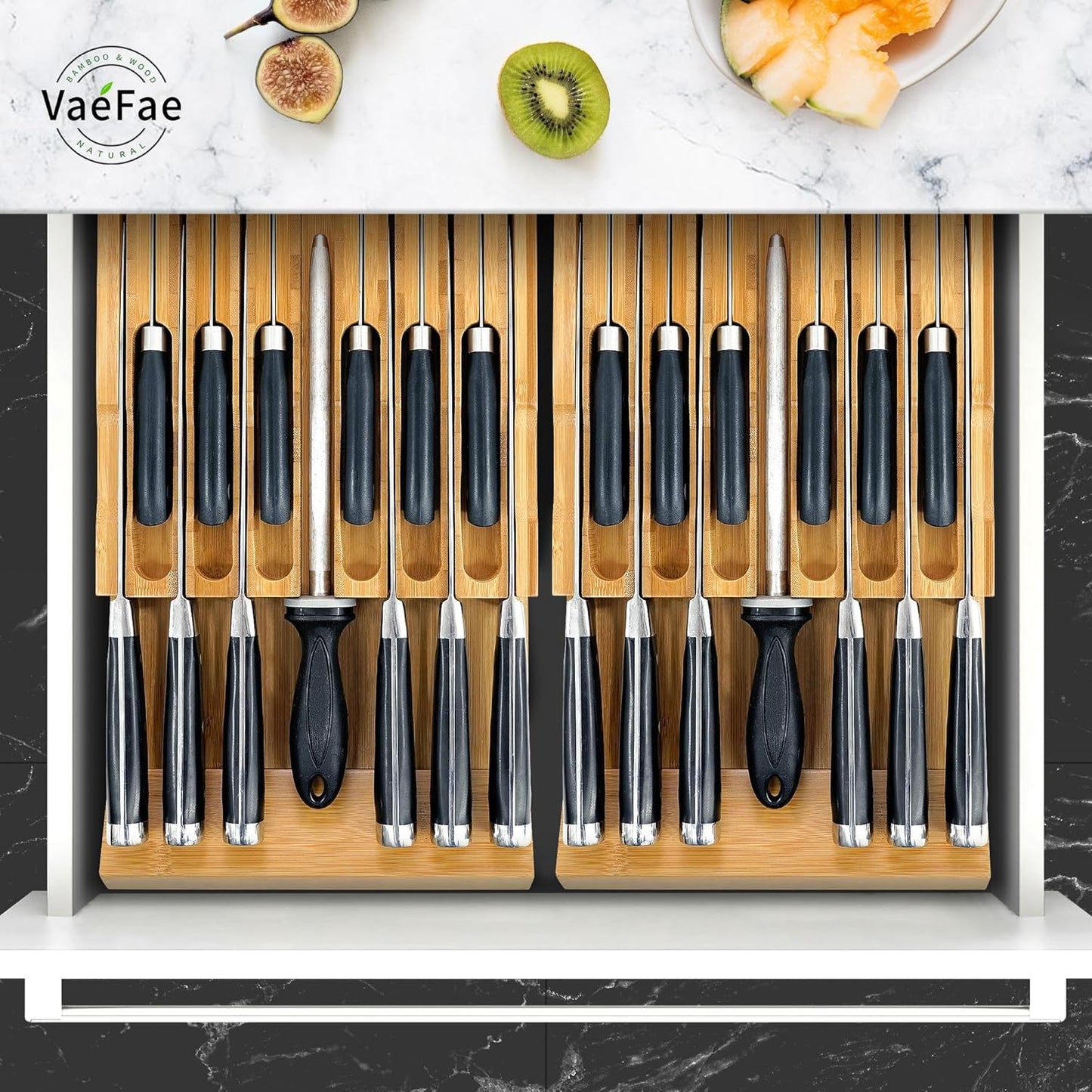 VaeFae In-Drawer Knife Block,Bamboo Knife Drawer Organizer Insert, Kitchen Knife Drawer Storage for 16 Knives PLUS a Slot for your Knife Sharpener (Without Knives)