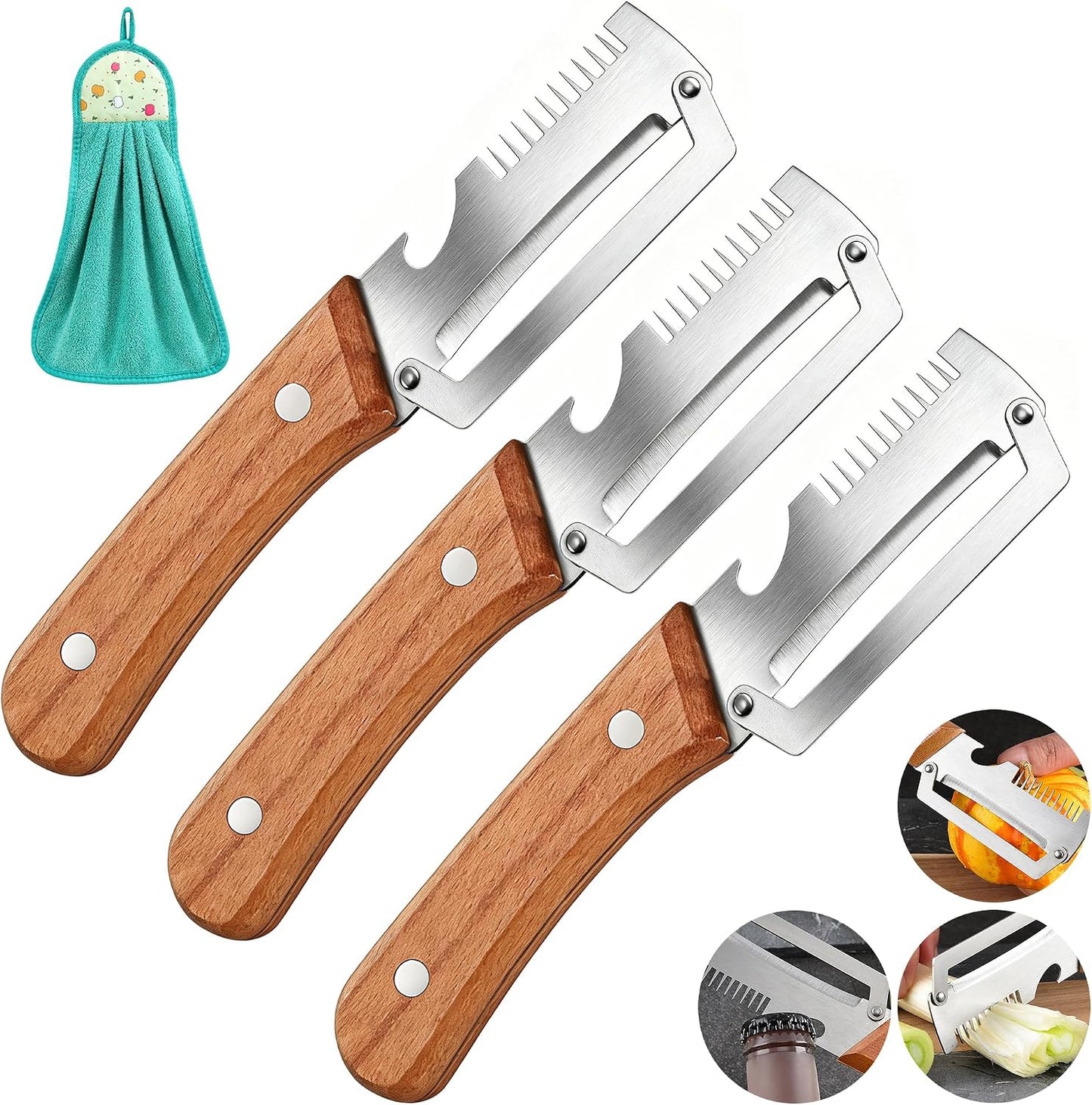 Vegetable Peeler, Potato Paring Knife, Multifunctional Stainless Steel Apple Peeler for Kitchen Use, 2-in-1 Fruit Tool with Sharp Blade, Ergonomic Wooden Handle & Bottle Opener (Pro-1PCS)