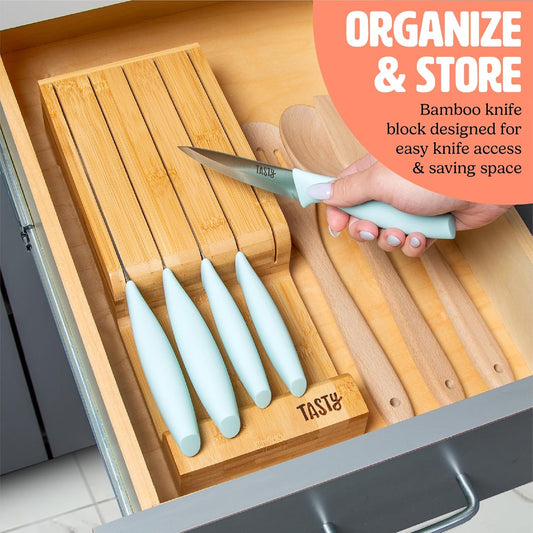 In-Drawer Kitchen Knife Set, Space-Saving Cutlery and Kitchen Organizer, Includes Chef, Bread, Santoku, Utility and Paring Knives, 6-Piece, Aqua