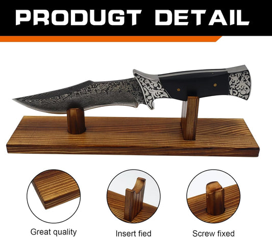 Wood Knife Display Stand - Single Fixed Blade/Pocket Knife Holder Case, Rustic Cabin Decor, Fits Most Knives & Swords, Durable Horizontal Tabletop Showcase for Collections