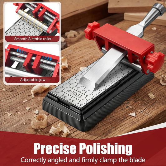 Precision Chisel Sharpening Jig & Guide, with Angle Fixture & Gauge (10-45) Sharpener for Wood Chisels and Plane Blades up to 2.8" Width