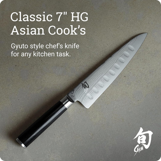 Classic 7" Hollow Ground Asian Cook's Knife | Handcrafted Japanese Kitchen Knife, VG-MAX Core with Damascus Stainless Steel Cladding, Pakkawood Handle