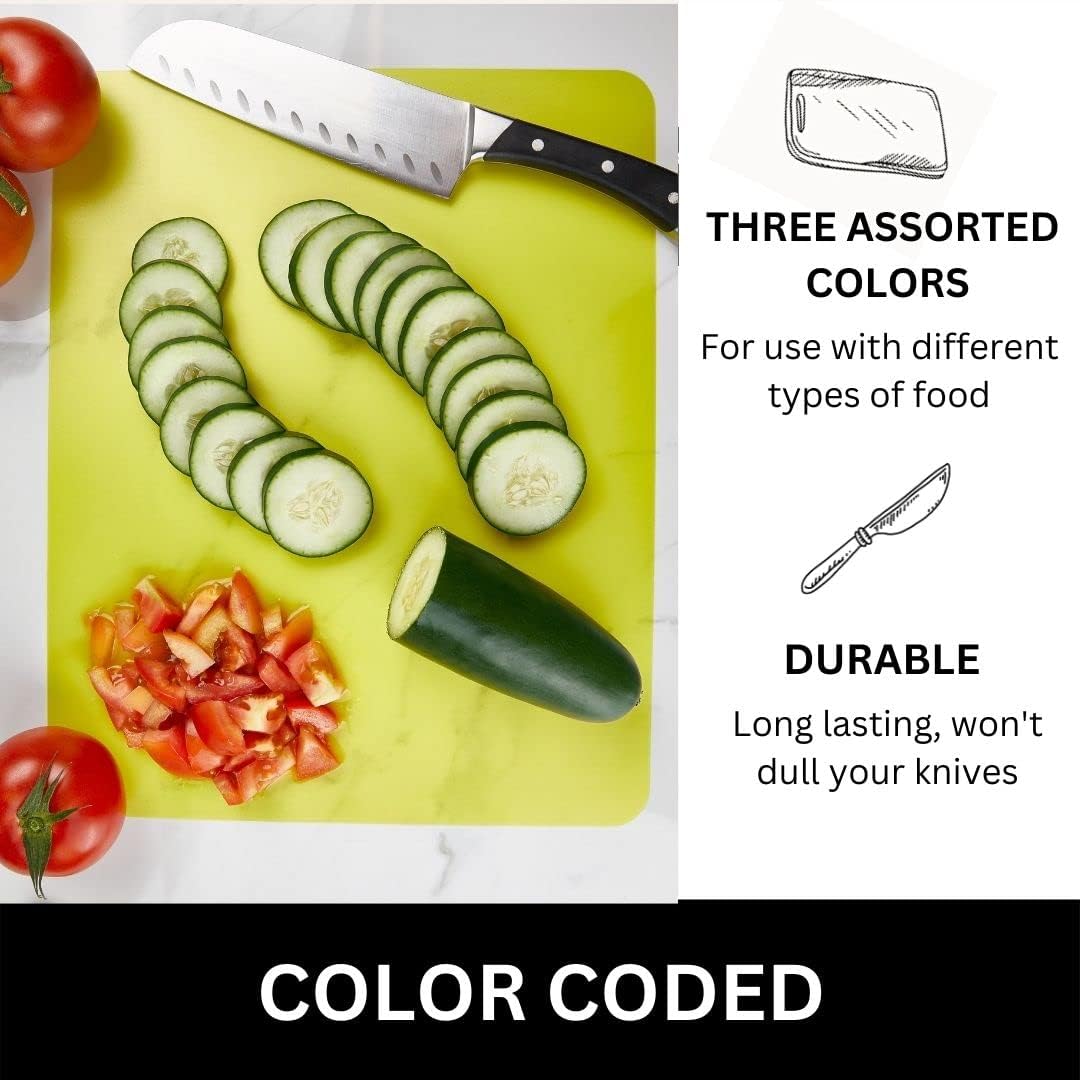 Flexible Cutting Mats Set of 3 - BPA-Free Plastic Color-Coded Kitchen Chopping Boards, 12"x15", Durable Non-Slip Mats for Meat, Veggies, Fruits