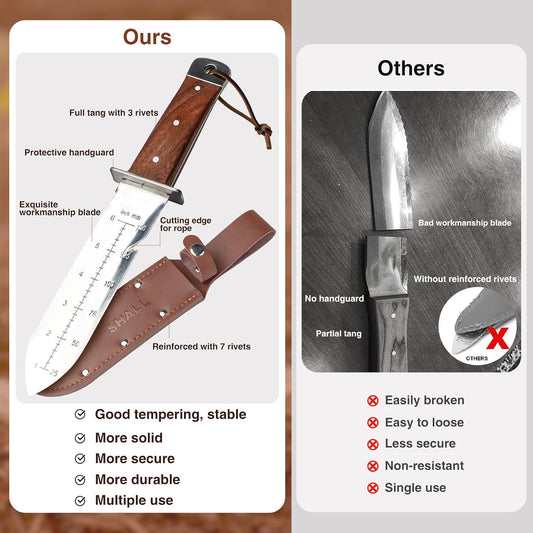 Hori Hori, Japanese Garden Knife, Soil Knife with Leather Sheath, Rosewood Handle & Hide Rope, 7” Stainless Steel Blade, Rope Cutting Edge, for Digging, Weeding, Planting, Full-Tang