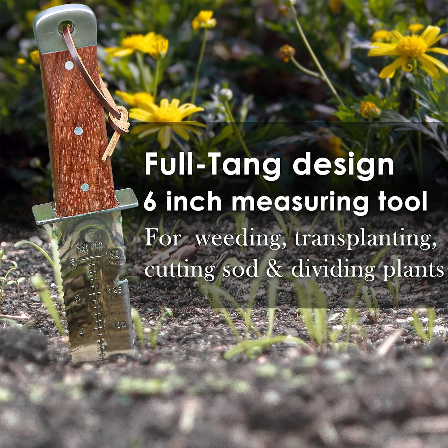 Hori Hori, Japanese Garden Knife, Soil Knife with Leather Sheath, Rosewood Handle & Hide Rope, 7” Stainless Steel Blade, Rope Cutting Edge, for Digging, Weeding, Planting, Full-Tang