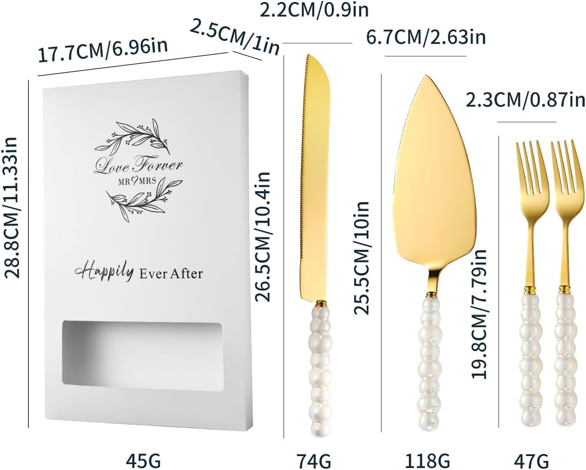 4Pcs Wedding Cake Knife and Server Set, Cake Cutting Set (Silver) | Ceramic Pearl Stainless Steel Pie Cutter, Bridal Shower Gifts, Engagement Gift for Couples