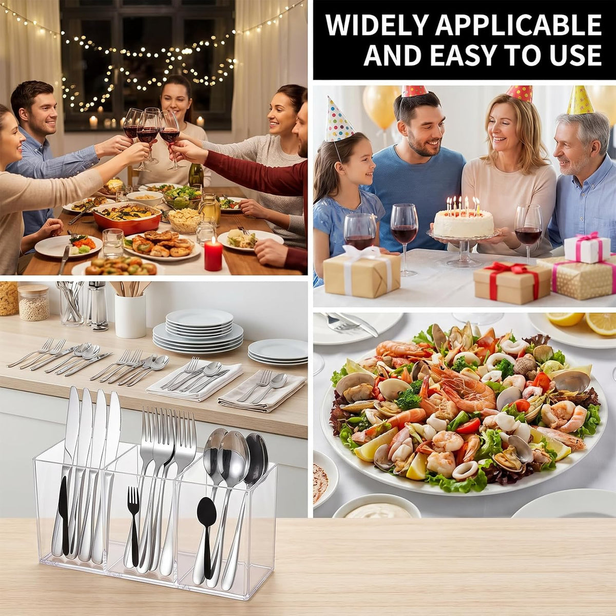 Acrylic Cutlery Storage Organizer, Transparent Silverware Caddy | 3 Section, for Kitchen Countertop, Utensil Holder, Holds Fork Spoon Knife