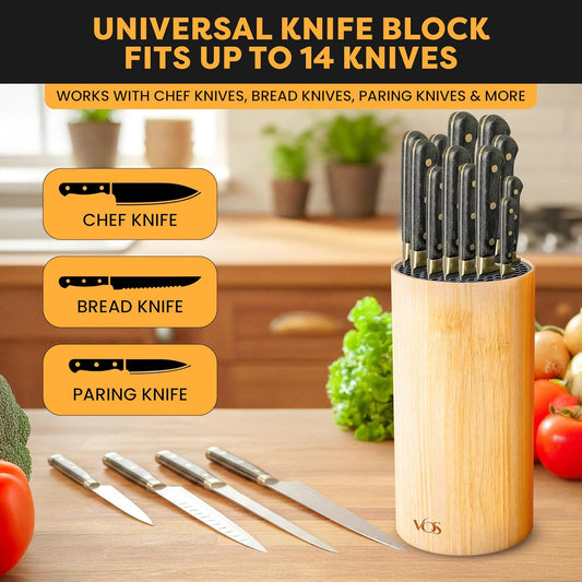 Universal Knife Block - Countertop Knife Block Without Knives - Knife Holder with Non-Slip Base Sturdy Knife Organizer - Space Saving Knife Stand, Sleek & Modern Knife Rack - Bamboo