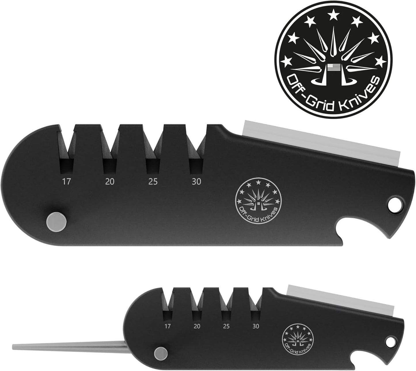 QuadEdge Knife Sharpener with 4 Angles: 17° | 20° | 25° | 30°, Diamond Rod, Fishing Hook Sharpener, Ceramic Honing Stone – Camping, Fishing, Hunting, Boating (Black)