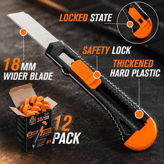 12-Pack Utility Knife, Retractable Box Cutter for Cartons, Cardboard and Boxes, 18mm Wider Razor Sharp Blade, Smooth Mechanism, Perfect for Office and Home use