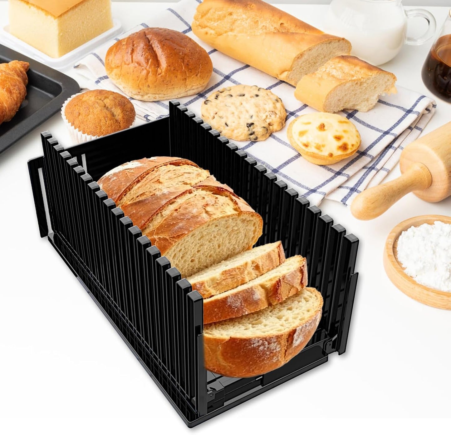 Bread Slicer for Homemade Bread,Adjustable Thickness Slicing Guide,Foldable Portable Bread Cutter Suitability for Homemade Breads,Bagel,Cakes-Kitchen Gadget,Baking Tool & Gift for Mother Father(Black)