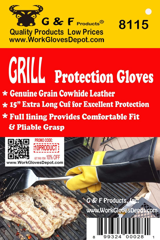 Leather Heat-Resistant BBQ Gloves, Kevlar Stitch, 1 Size