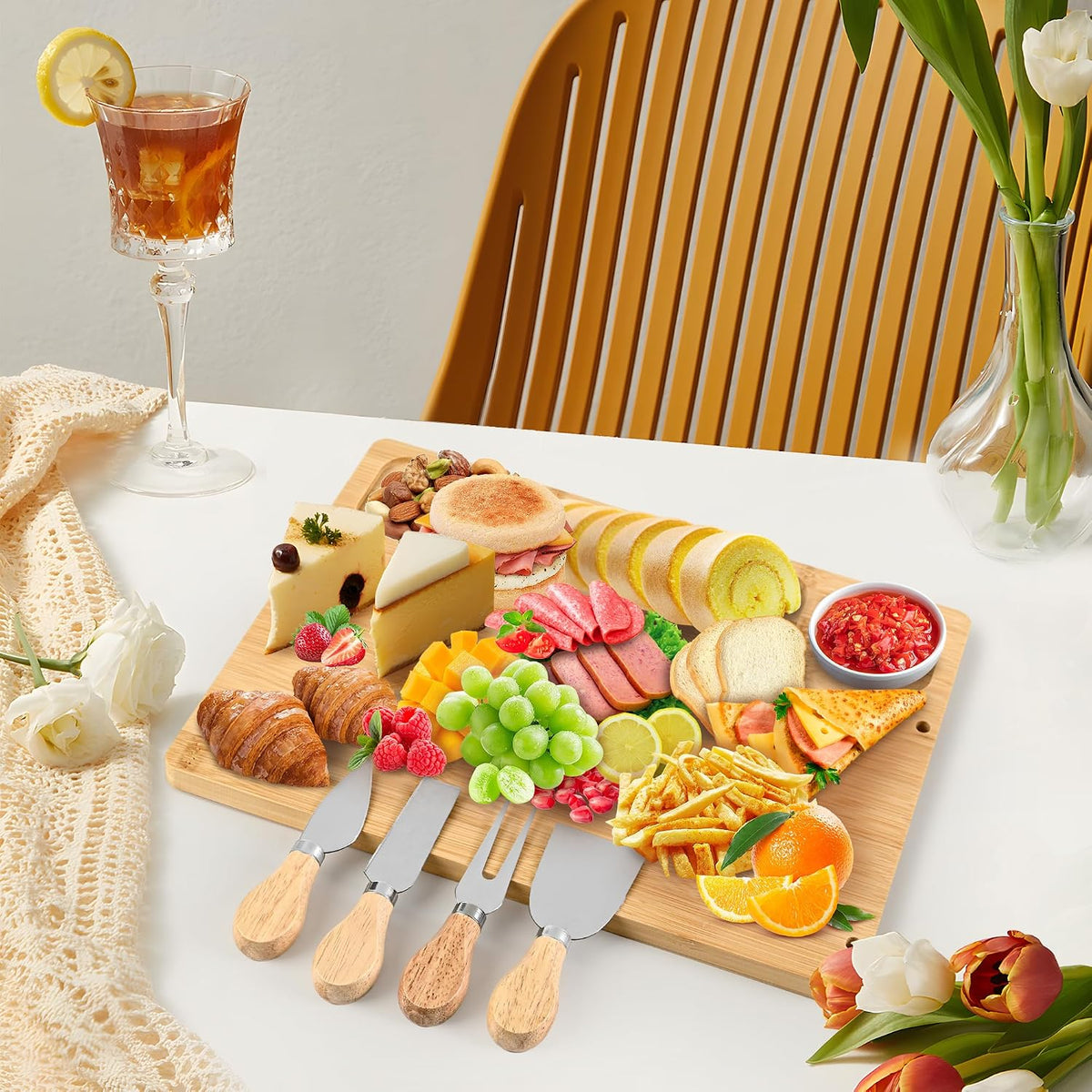 Bamboo Cheese Board and Knife Set - 14” x 11” Large Charcuterie Boards Set, Cheese Tray Platter Servers with Clasp Knife Holder, Gift for Valentines, Anniversary, Housewarming, Thanksgiving