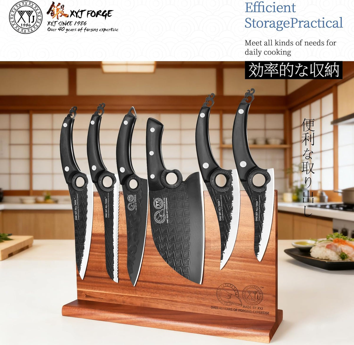 Authentic Since 1986,Knife Block Set,Full Tang Kitchen Knives with Magnetic Knife Block,Scissors,Honing Steel,Gloves,Washing Towel,Meat Cleaver Boning Slicing Bread Butcher Knife,Wood Handle