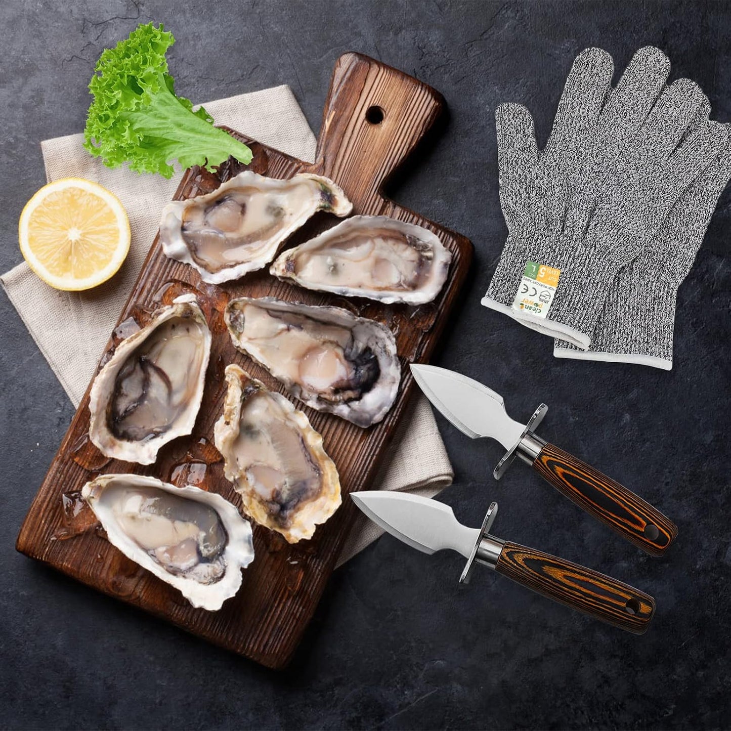 Oyster Shucking Knife Set of 2 Stainless Steel Oyster Knifes and 2 Pairs Level 5 Cut-Resistant Gloves,Oyster Knives Suitable for All Kinds of Shells and Oysters Shucking