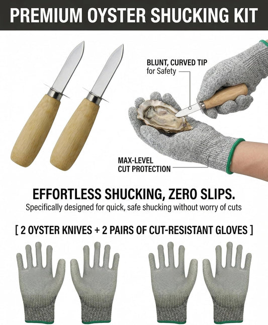 Oyster Shucking Knife, 2 Pack Oyster Knife Shucker Set with 2 Professional Grade Cut Resistant Gloves, Stainless Steel Seafood Opener Tools