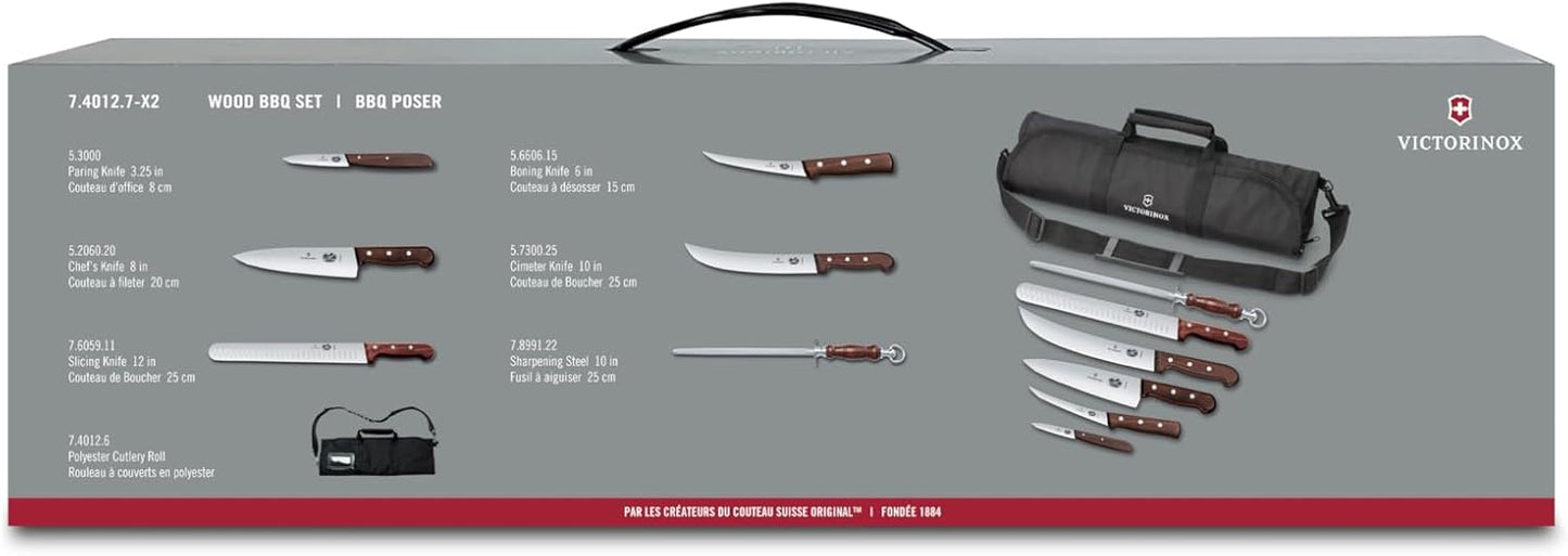 Wood 7 Piece BBQ Cutlery Roll Set with 3.25 In Paring Knife and Storage Bag