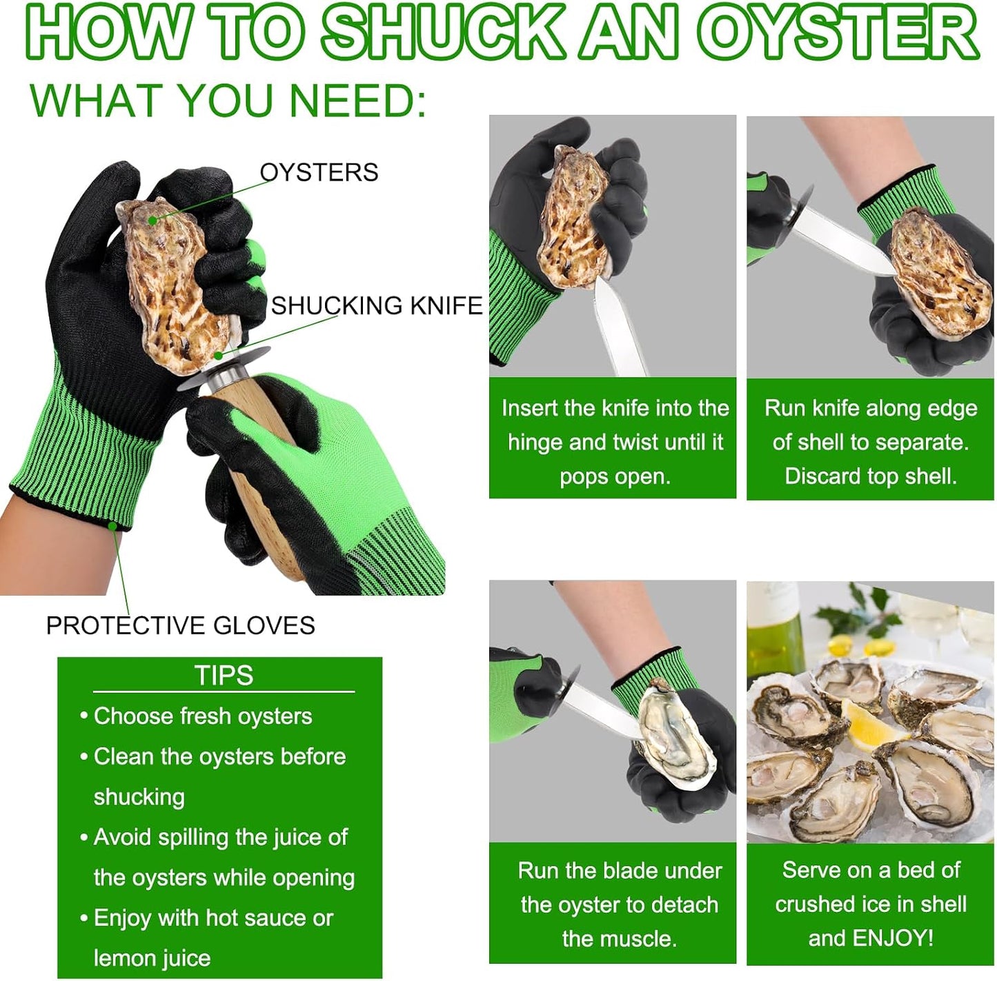 Oyster Shucking Gloves, Oyster Shucker Tool Protectors Handguard, Oyster Opener Machine Kit, Easy to Use Oyster Holders Seafood Tool (Green-Black