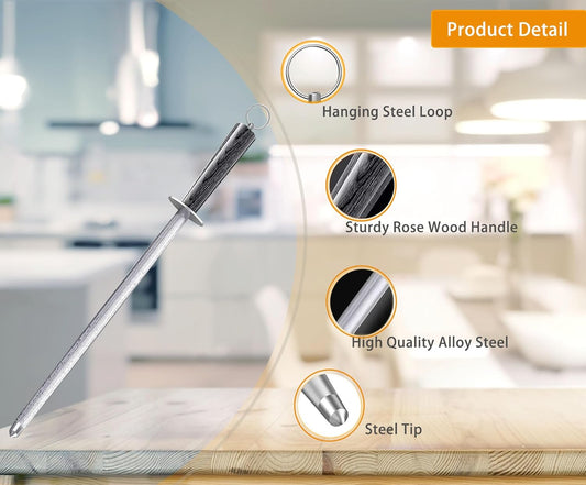 γππ¨π¦π¦ππ«ππ’ππ₯ ππ«πππγHoning Rod,12" Knife Sharpener Rod Knife Sharpening Steel Rod Adopt 66HRC Hard Alloy Steel Material With Rosewood handle for Knives