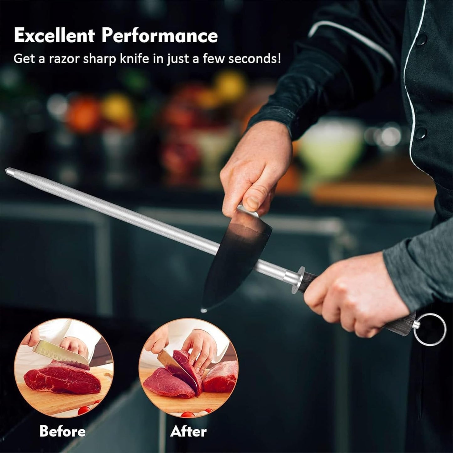 γππ¨π¦π¦ππ«ππ’ππ₯ ππ«πππγHoning Rod,12" Knife Sharpener Rod Knife Sharpening Steel Rod Adopt 66HRC Hard Alloy Steel Material With Rosewood handle for Knives