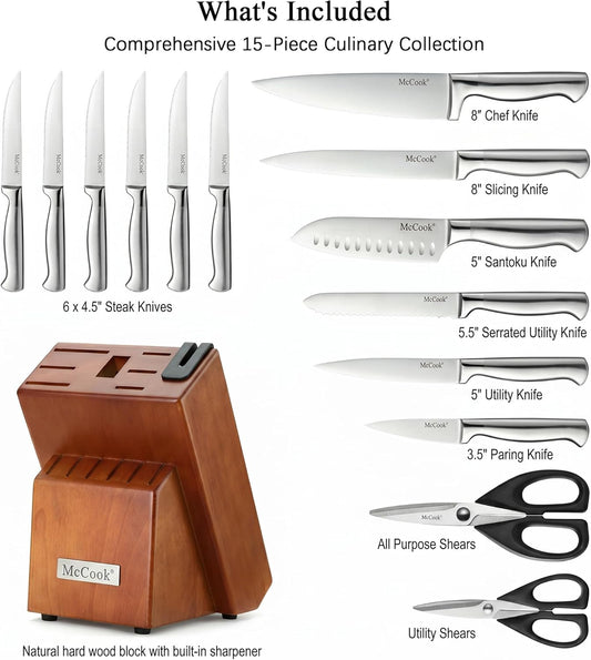 ® Knife Sets, German Stainless Steel Kitchen Knife Block Sets with Built-in Sharpener, 15 Piece Chef Knife and More, Razor Sharp, Restaurant Grade, Anti-Rust, Elegant Box for Gift