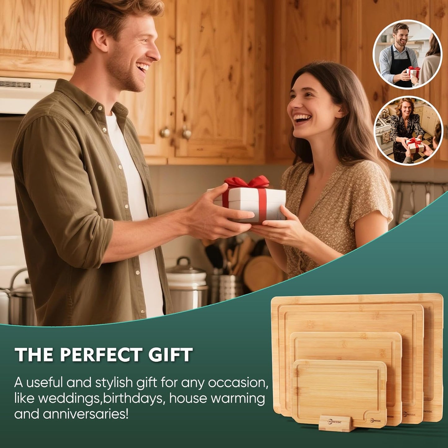 Wood Cutting Board Carbonized Bamboo Set With Smooth Surface Set 4 Packs with Non Slip Feet Holder and Over Sink Solid Thick Durable Wood Charcuterie Cheese Serving Tray Kitchen Gadgets (Carbonized)