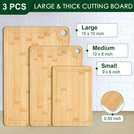 3PCS Bamboo Cutting Board Set - Durable Wooden Cutting Boards with Deep Juice Grooves & Built-in Handles & Hanging Holes, Ideal for Chopping Meat, Vegetables, Dishwasher Safe