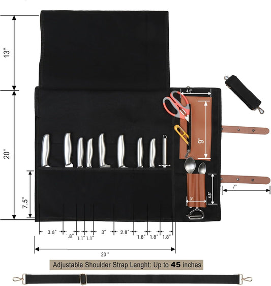Chef Knife Roll Bag 9 Knife Slots - Durable Water-Resistant Canvas Knife Carrying Case Adjustable Leather Shoulder Strap & Handle - Fits 12” Knives & Honing Steel -Culinary Travel-Friendly