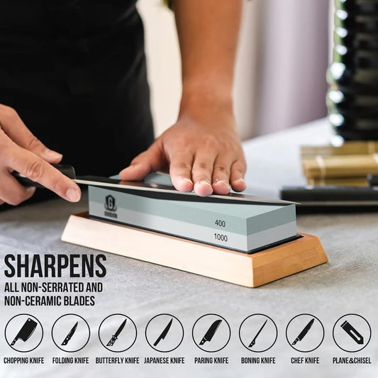 4-Grit Whetstone Knife Sharpener Set 400/1000 3000/8000 Water Stone | Complete Sharpening Kit with Bamboo Base, Leather Strop & Gloves