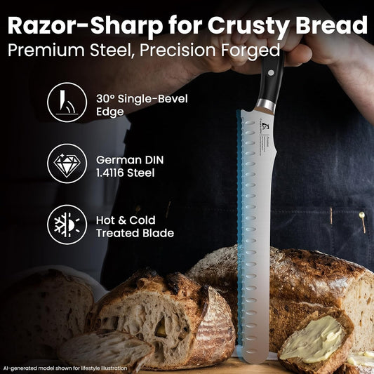 Bread Knife for Homemade Bread, 10.6 Inch Multifunction Serrated Knife, Razor Sharp Slicer, High Carbon German Steel Bread Cutter, Ergonomic Handle for Sourdough Turkey Fruit Cutting, Gift