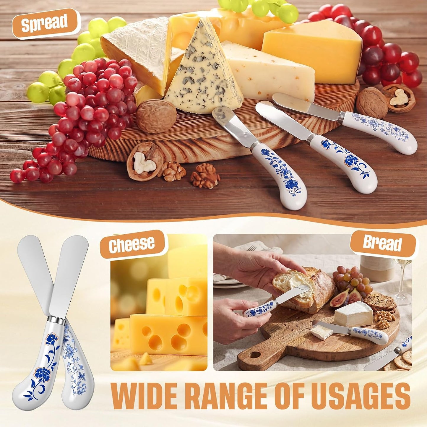 6 Pack Cheese Spreaders bulk 4.95" Stainless Steel Butter Knife with Ceramic Handle for Jam, Pastry, Butter Knife - Holiday Silverware & Festive Kitchen Cutlery(Flowers)