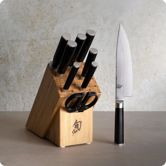 Classic 10 Piece Block Set | Includes 8" Chef, 6" Utility, 3.5" Paring, 7" Santoku Knife & More, Damascus Stainless Steel Cladding, Pakkawood Handle