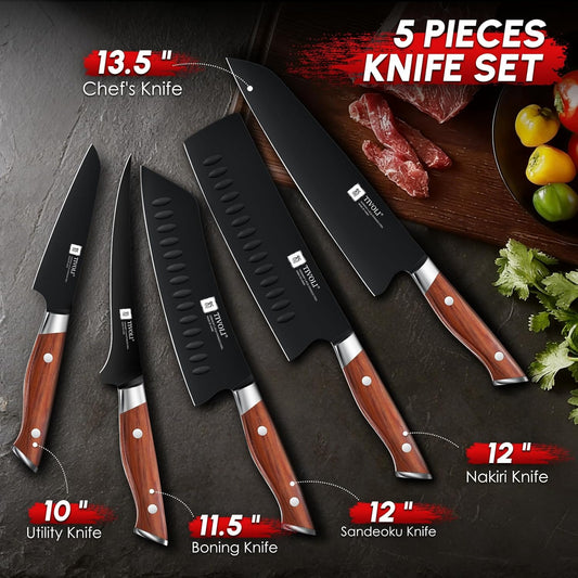 Chef Knife Set, Professional 5PC Ultra Sharp Knife Set | German High Carbon Stainless Steel, Full Tang Ergonomic Wood Handle, Gift Box, Stain Resistant & Easy to Clean, for Cooking