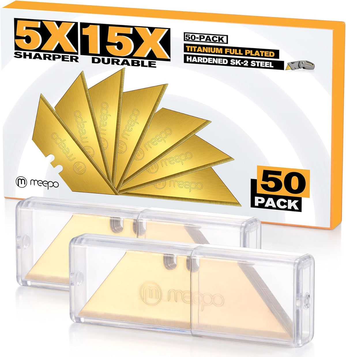 50-Pack Utility Knife Blades, Titanium Fully Plated, Durable SK-2 Razor Blades for Utility Knife Box Cutter, Never Rust, Extra Durable