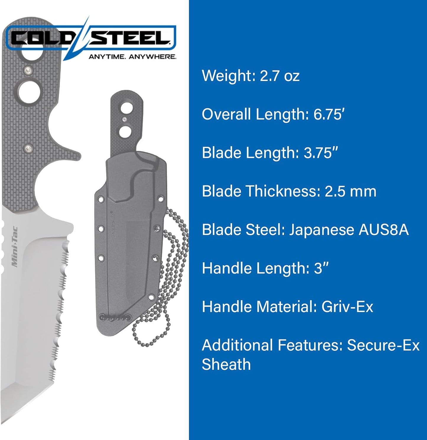 COLD STEEL Mini Tac Tanto 3.75" AUS8A Razor-Sharp Blade 3" Griv-Ex Handle Tactical Fixed Blade Neck Knife w/Secure-Ex Sheath
