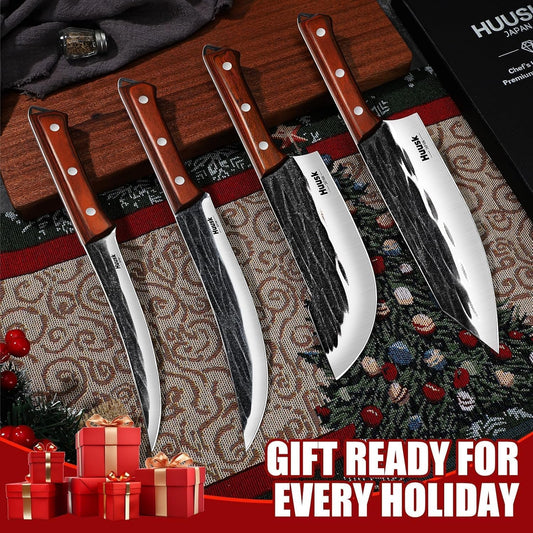 Huusk Butcher Knife Set, 4 PCS Hand Forged BBQ Knife Set for Meat Cutting | Sharp Meat Carving Breaking Knives with Ergonomic Handle for Home and Camping, Gifts for Men Women