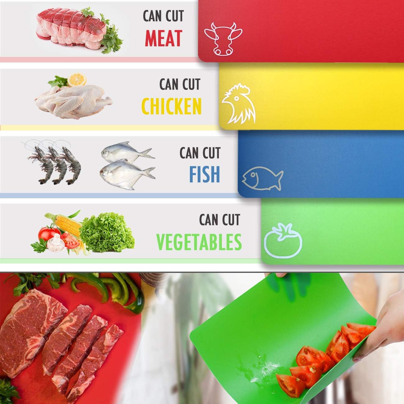 Plastic Cutting Boards with Food Icons, Set of 4, Flexible Cutting Mats with Hole, BPA-Free, Non-Slip and Dishwasher Safe, Modern Neutral Colors