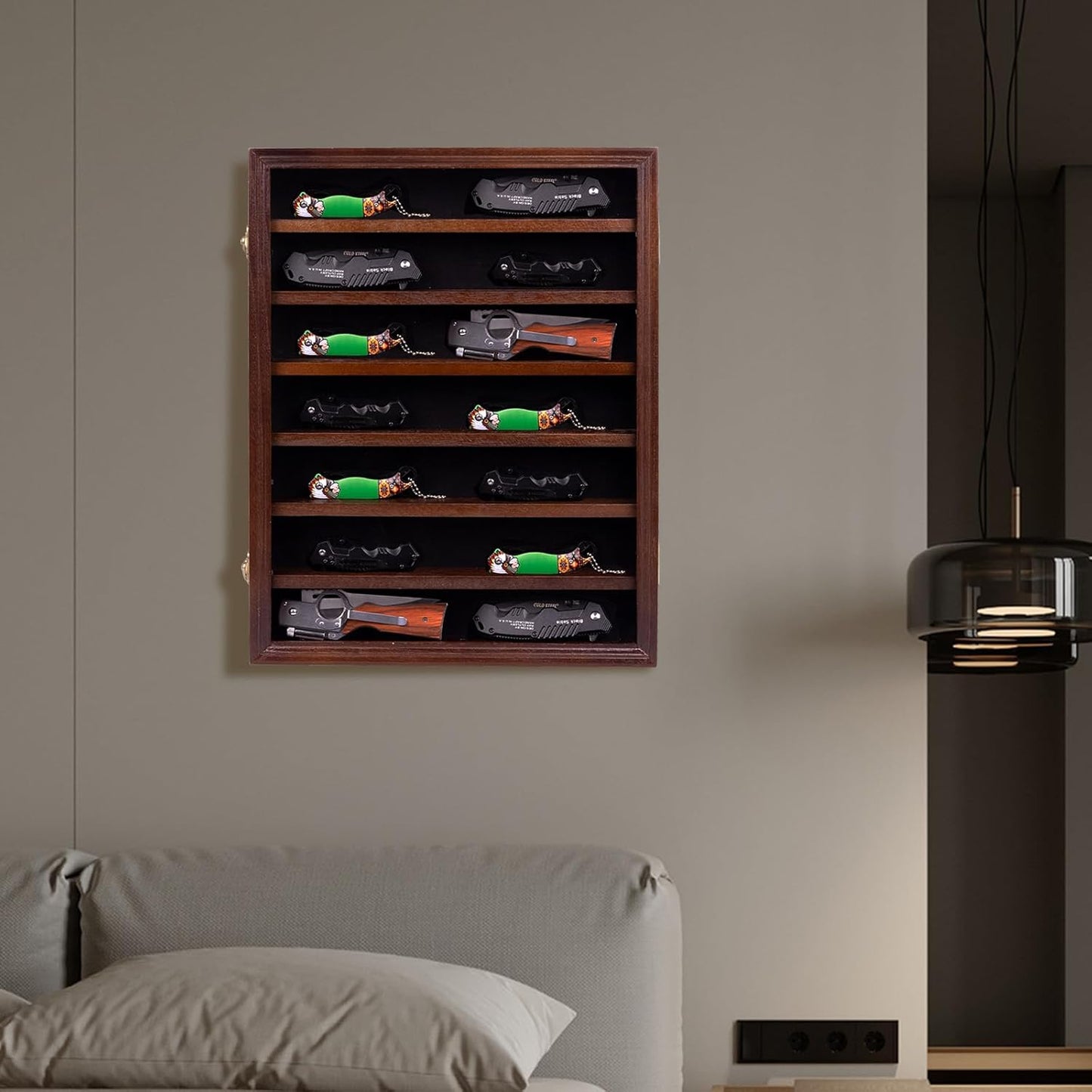 7 Layers Knife Display Case, Cherry Wood, Locking Cabinet with 6 Removable Double Shelves and 6 Single Shelves, Wall Mounted or Desk Display
